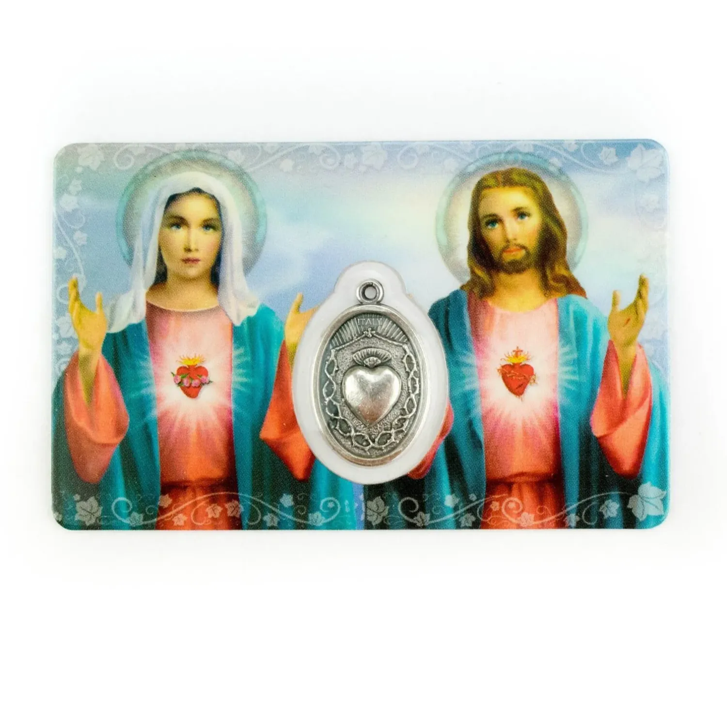 Jesus/ Mary Heart Card W/Medal