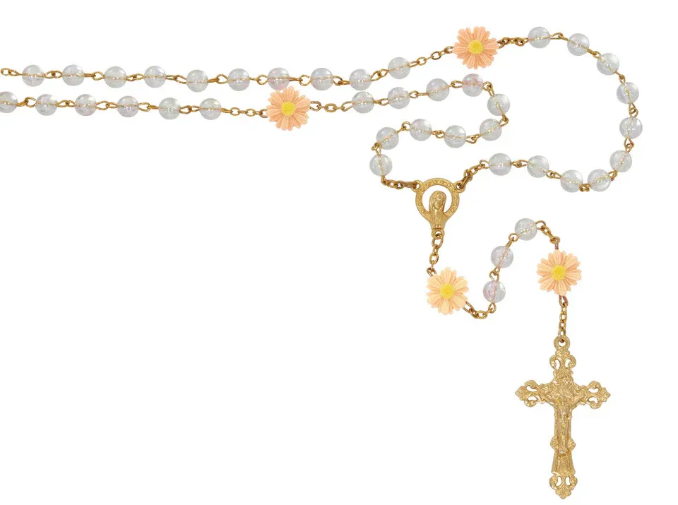 Gold Crystal Peach Flwr Rosary