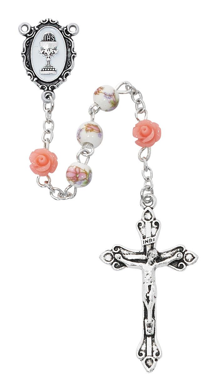 6mm Pink Flower Bead Rosary