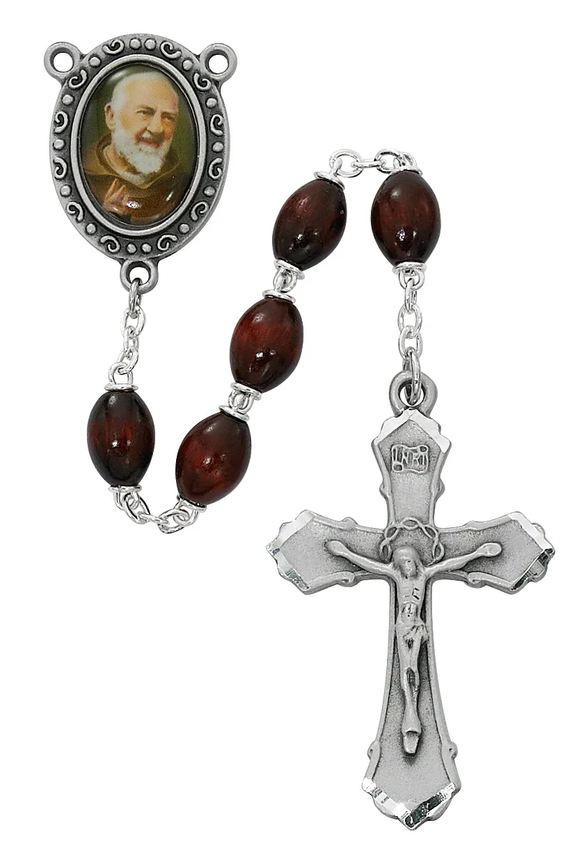 Brown Wood Bead St Pio Rosary