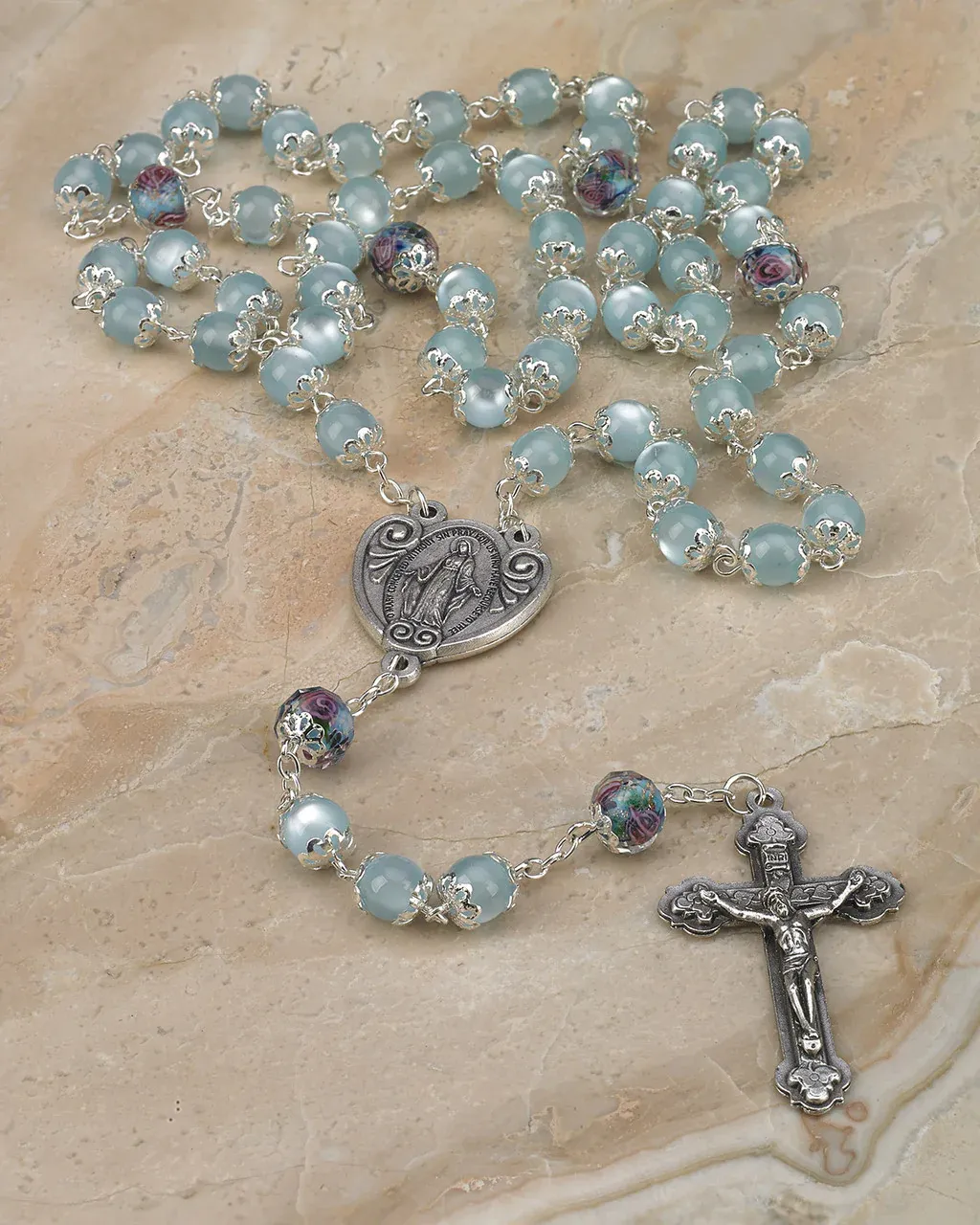 Lt Blue Glass &amp; Crystal Rosary