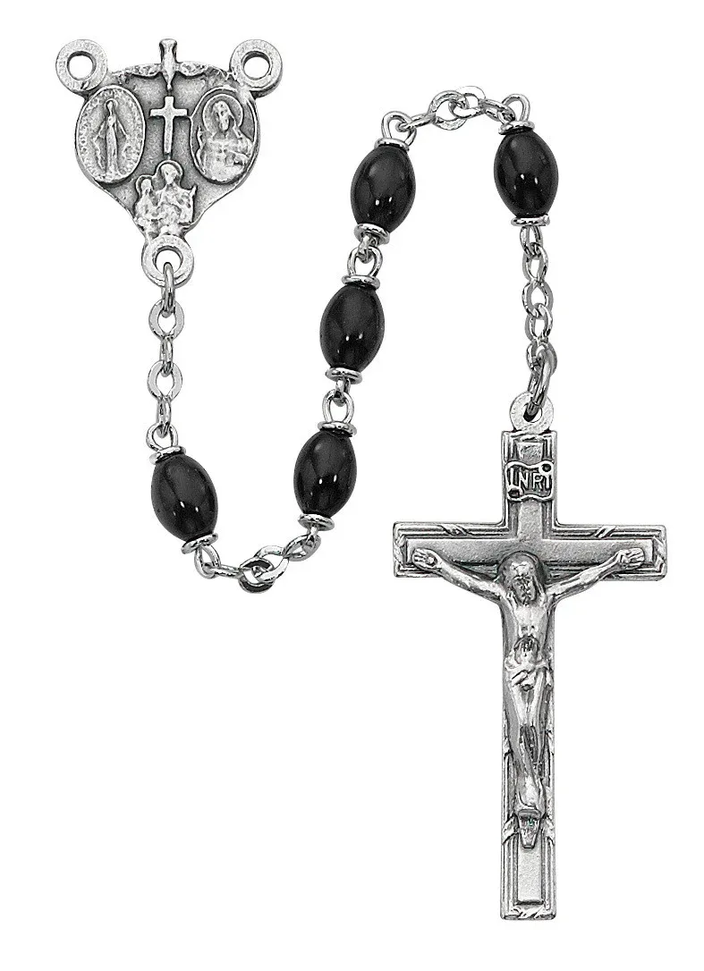 Blk Glass Oval Bead Rosary 4mm
