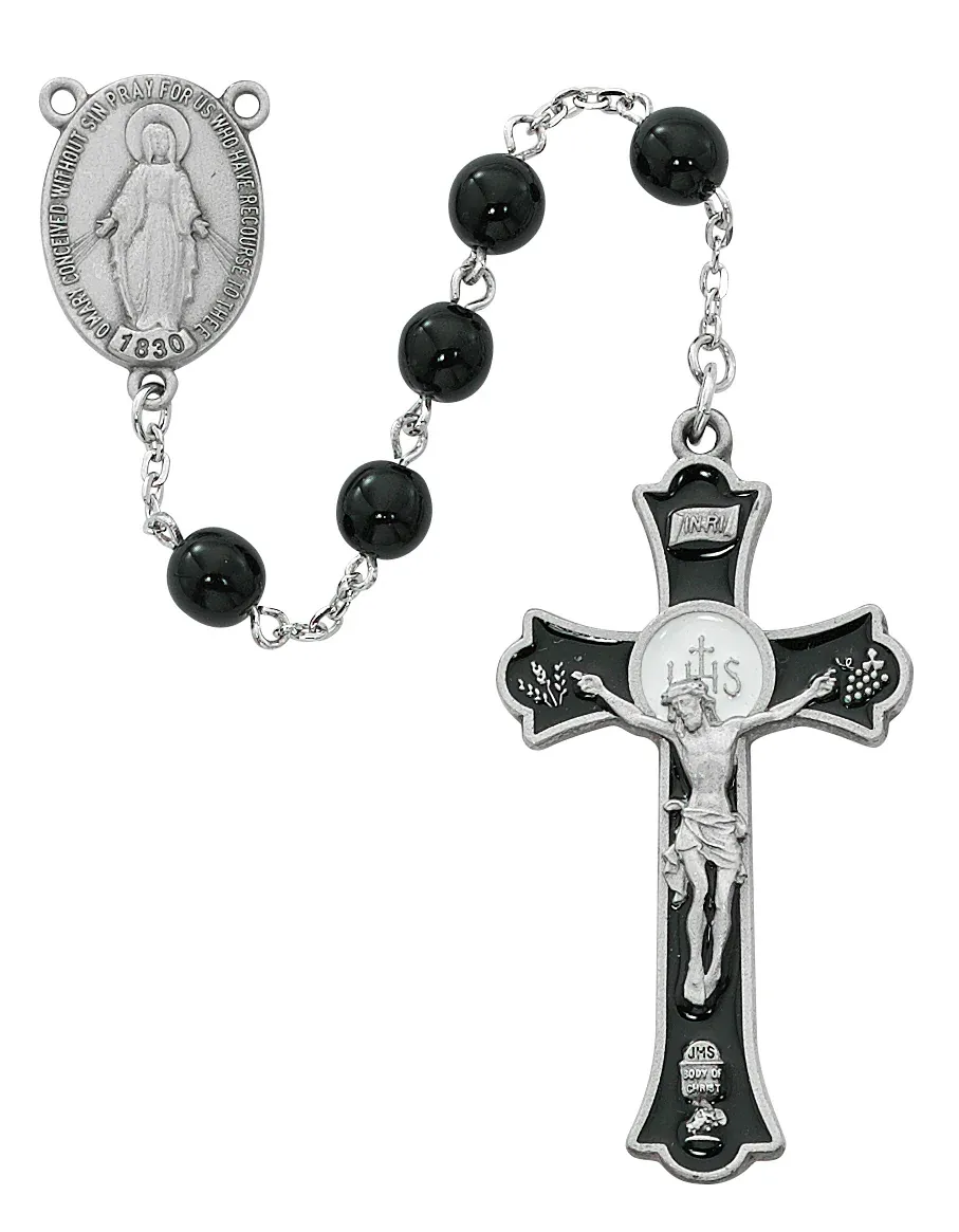 7mm Pewt Black Glass Rosary