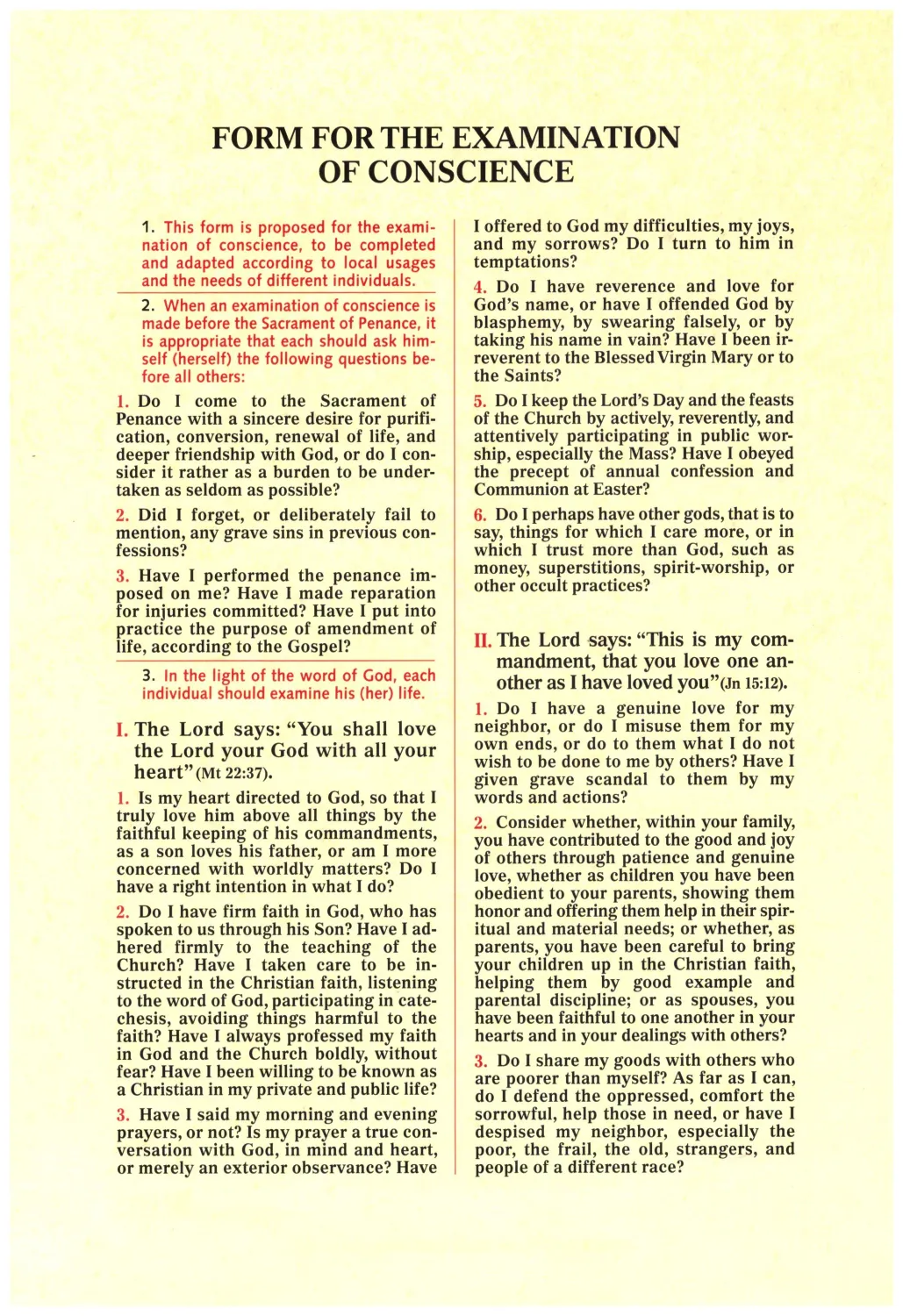 Examination of Conscience Card