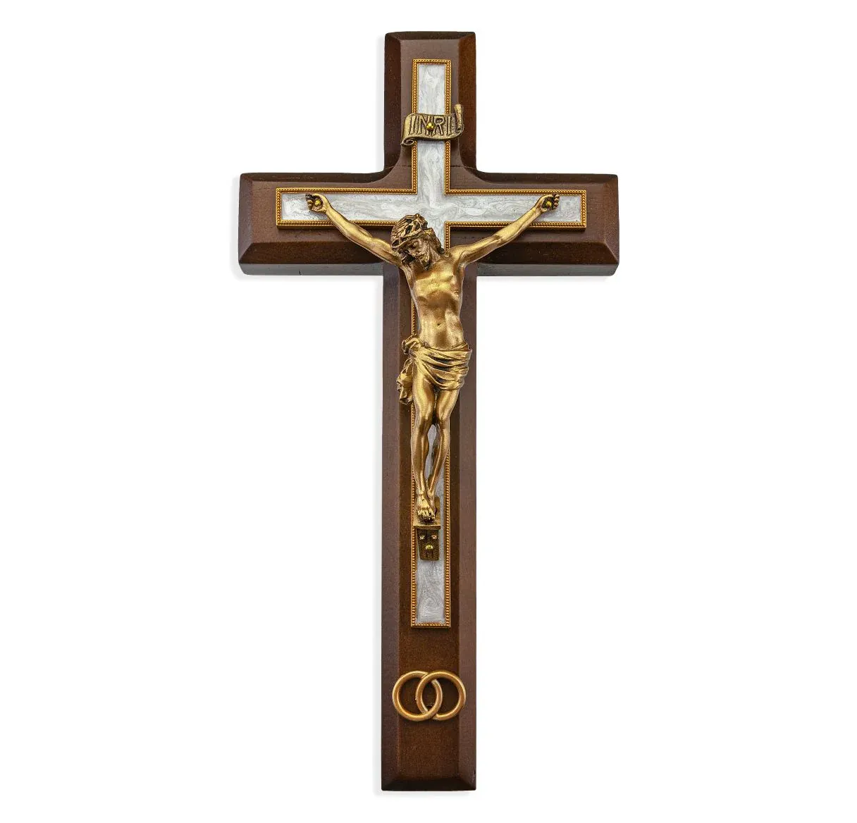 10" Walnut Crucifix Gold Rings