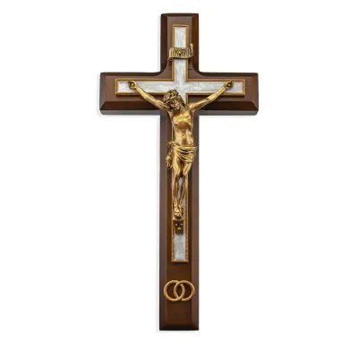 10" Walnut Crucifix Gold Rings