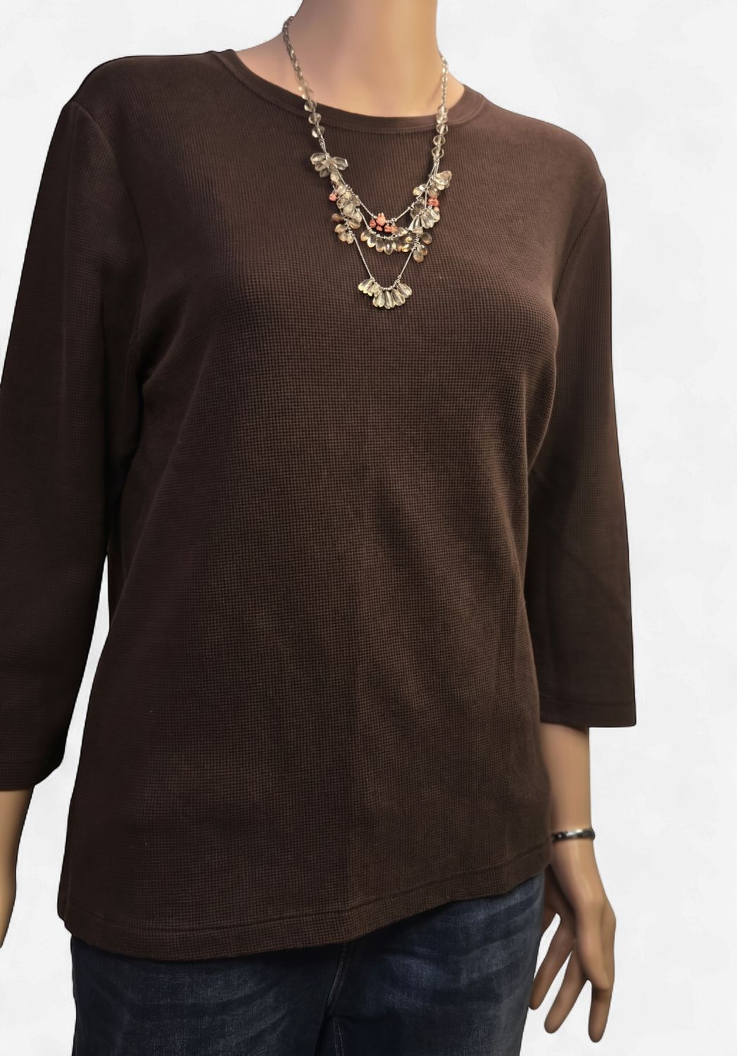 Women's 3/4 Sleeve Crew Neck Thermal Knit Top - Brown - Large"