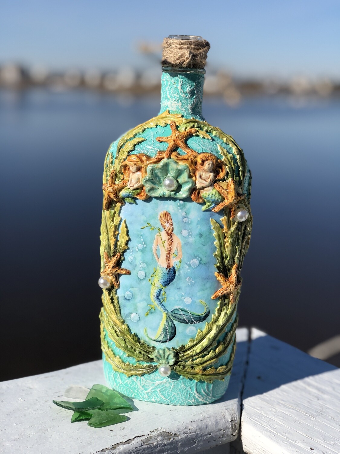 Up cycled Mermaid Bottle with clay border