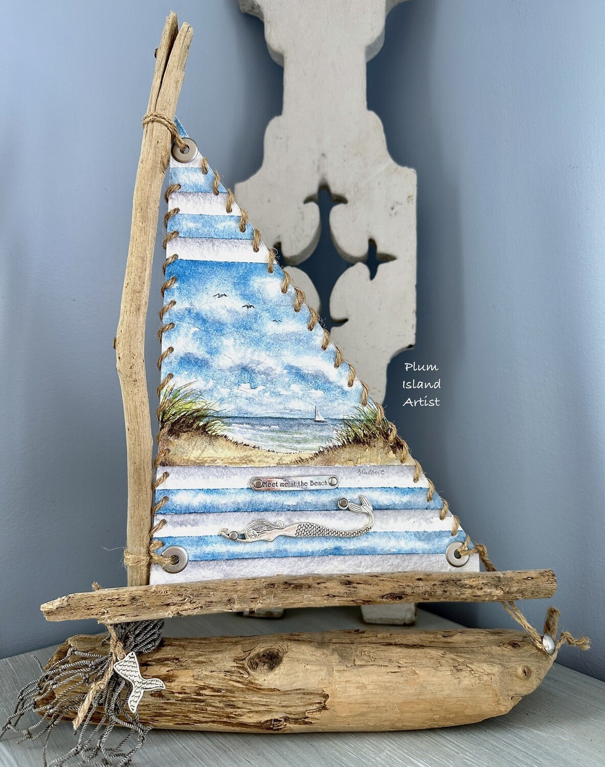 Hand-crafted Driftwood Sailboat with a hand-painted Sail