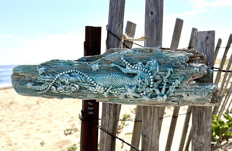 Blue-green Mermaid on Driftwood- clay