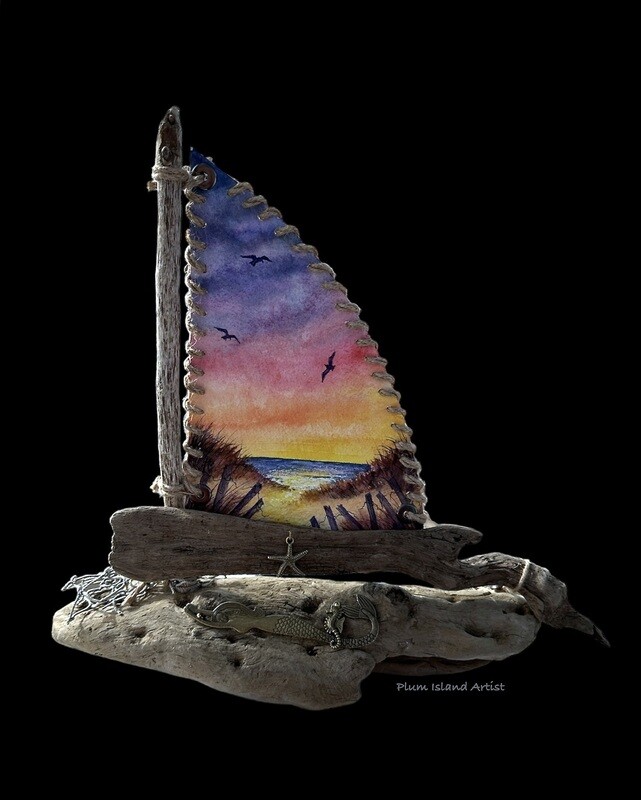 Handcrafted Driftwood Sailboat with watercolor sail #1