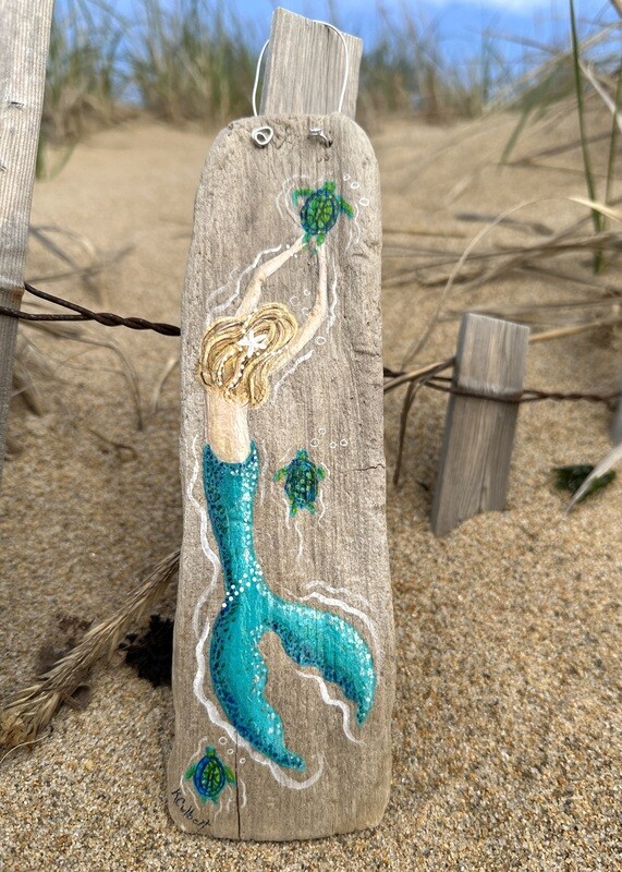 Mermaid hand painted on driftwood #8 small 3 turtles
