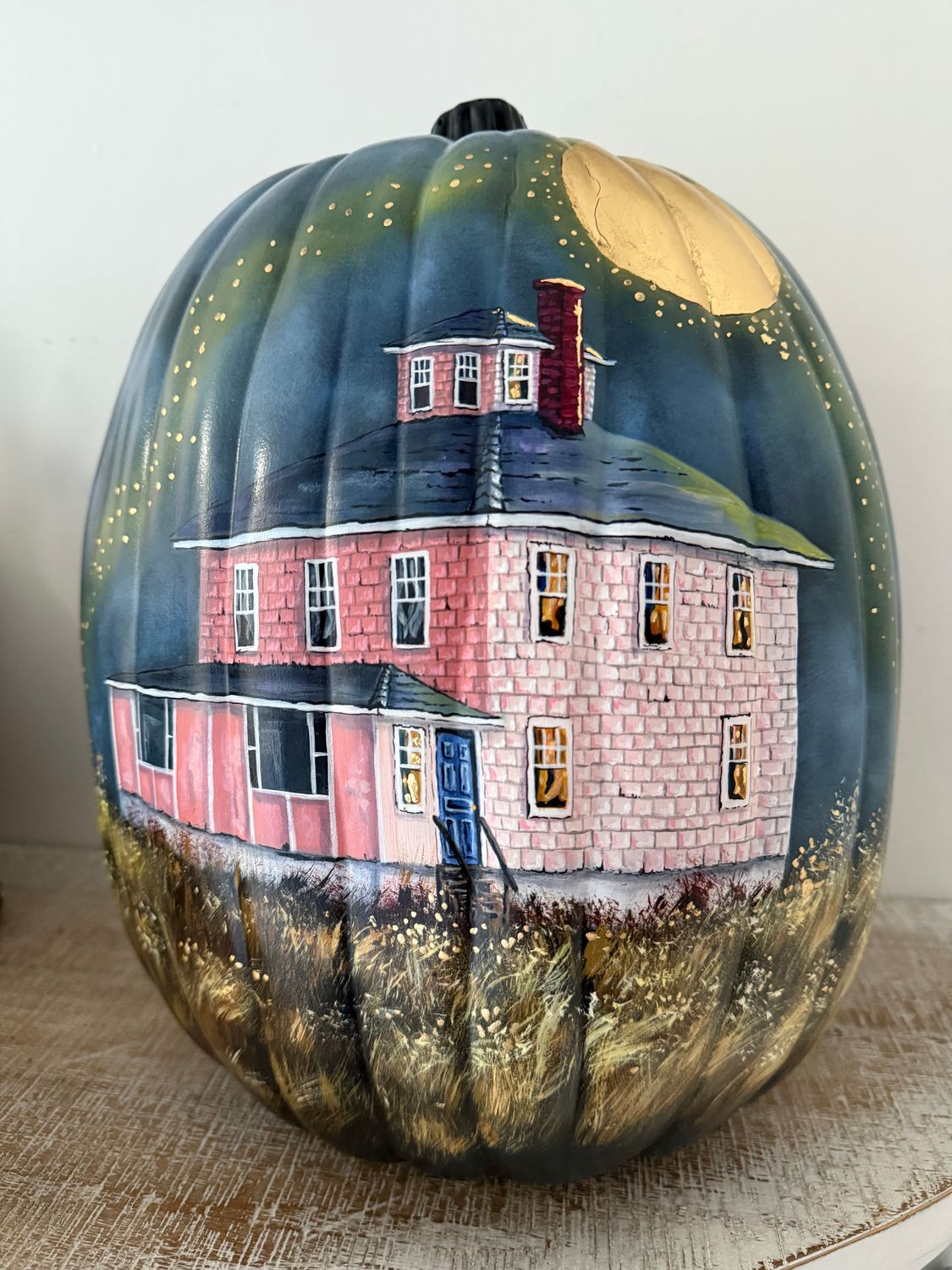 Hand painted Large Pink House Faux Pumpkin