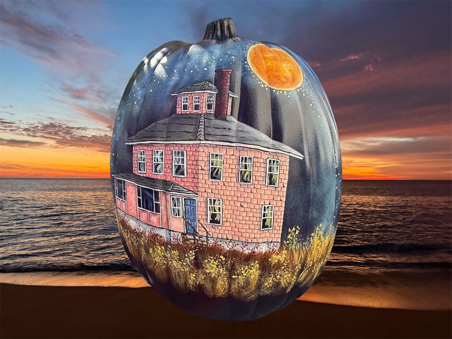 Pink House Faux Pumpkin~ Hand painted #2
