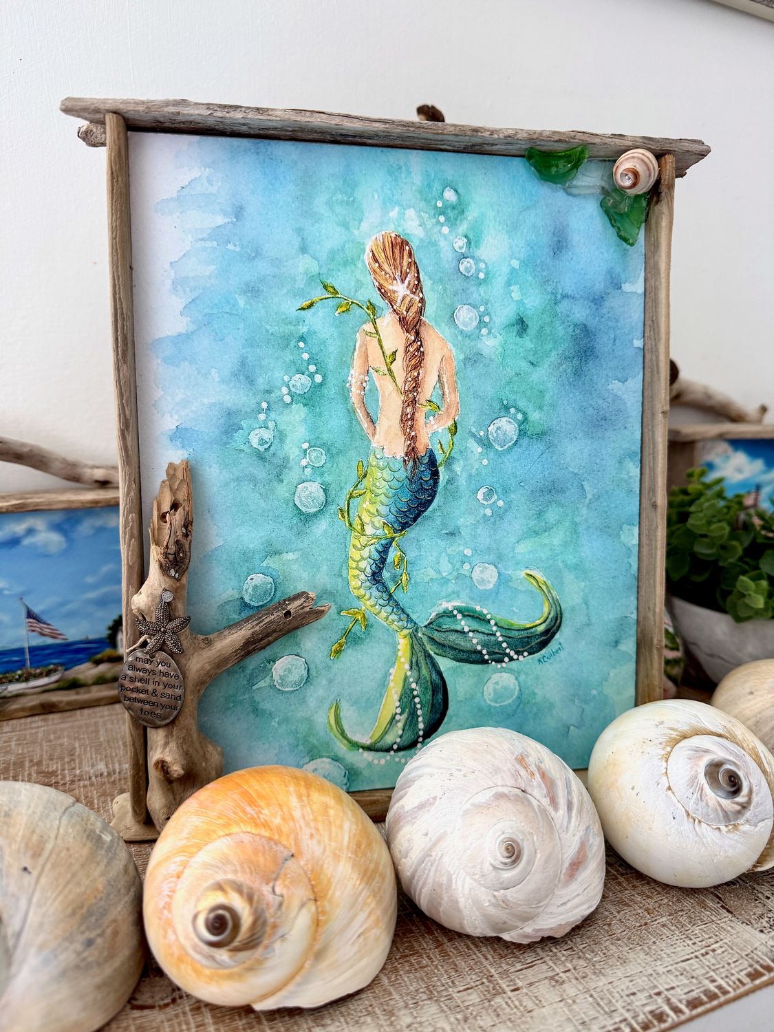 Mermaid Print with a hand crafted Driftwood Frame