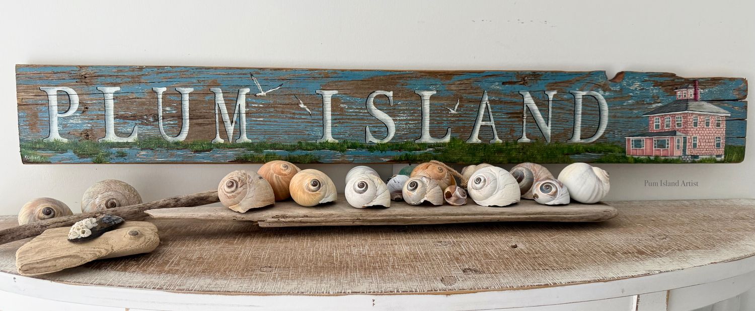 Plum Island Pink House Weathered Blue Board