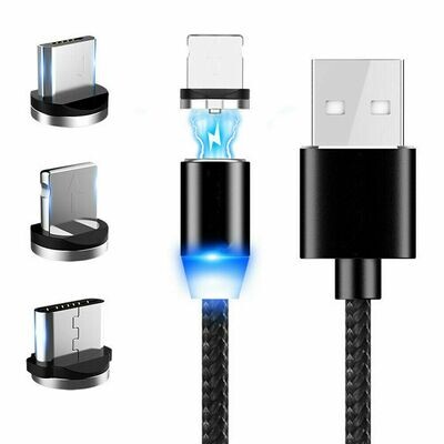 Magnetic Charger Cable USB Type C/microUSB/Lightning, Black - New