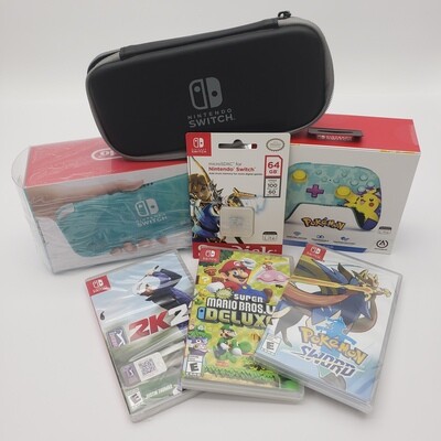 Nintendo Switch Turquoise 32GB Lite Console w/ Case, Controller, Memory Card, 3 Game Bundle - New