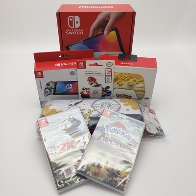 Nintendo Switch OLED Model w/ Case, Split Pad Pro, Controller, Memory Card, 2 Game Bundle - White Joy-Con - In Hand - New