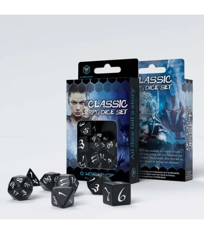 Dados de rol Clásico en negro y blanco (7 unidades) - Q Workshop