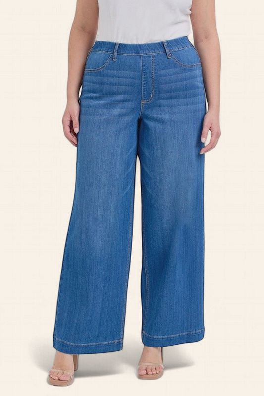 High Rise Pull -on Wide Leg Blue Jeans