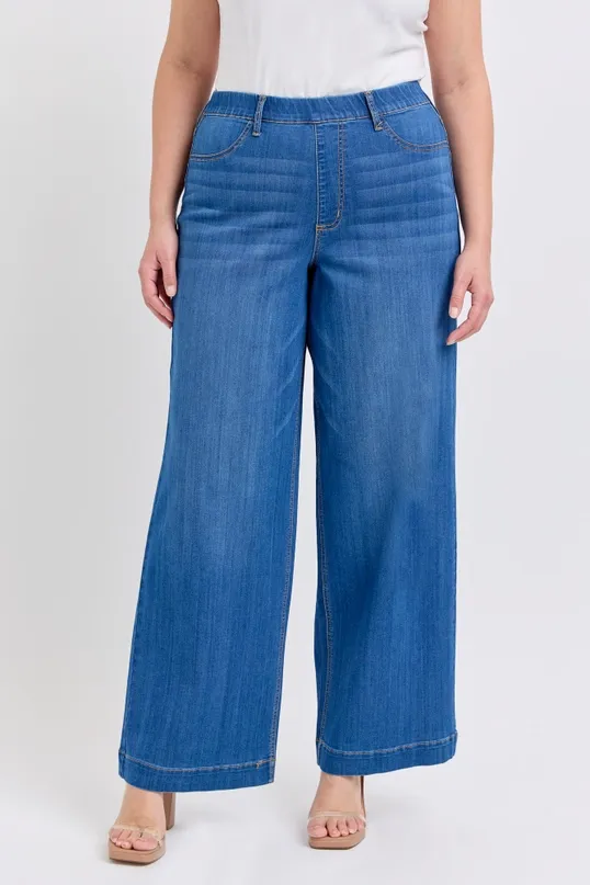High Rise Pull -on Wide Leg Blue Jeans, Size: 1X