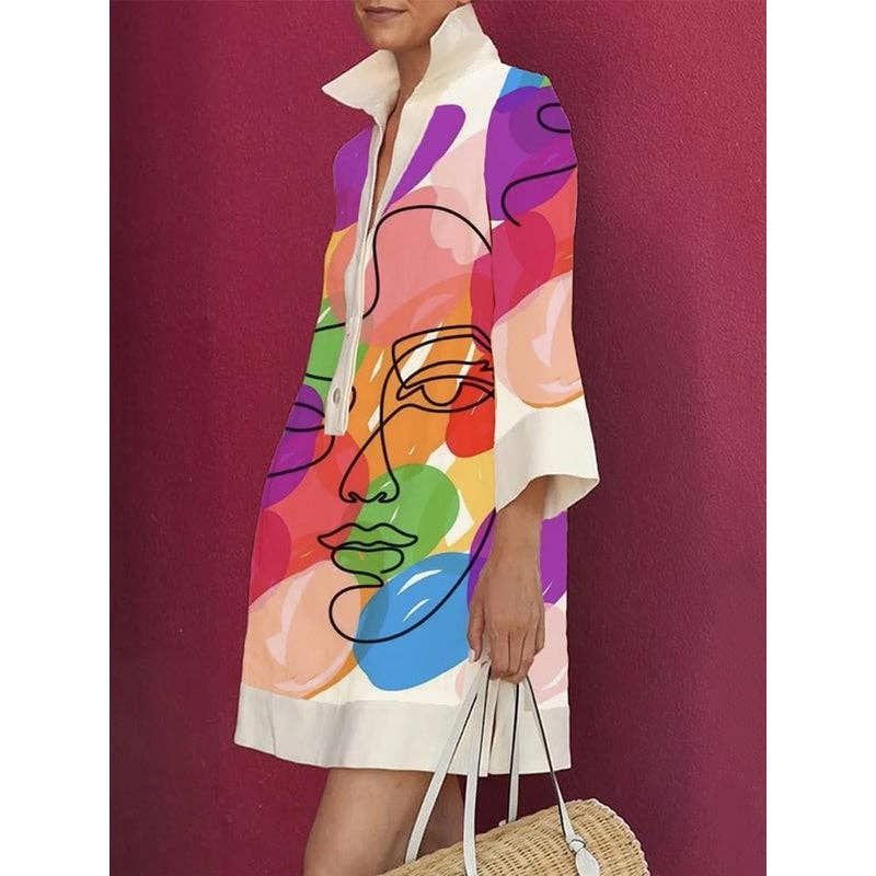 Loose Three-Quarter Sleeves Buttoned Contrast Color Figure Printed Lapel Collar Mini Dresses, Color: COLORFUL, Size: 2XL