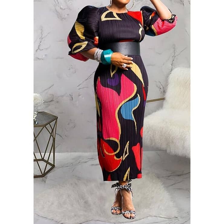 Colorful Puff Sleeve Pleated Maxi Dress