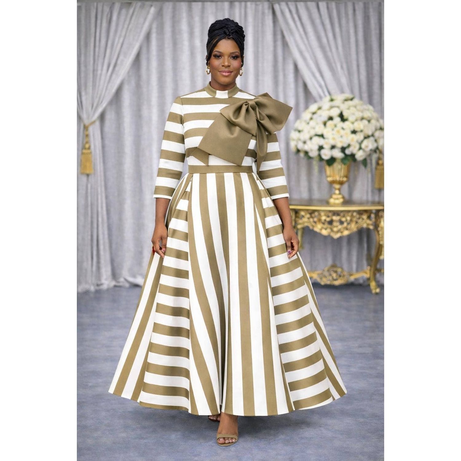 Stripe Flowy Maxi Dress with Bow, Color: KHAKI, Size: 1XL