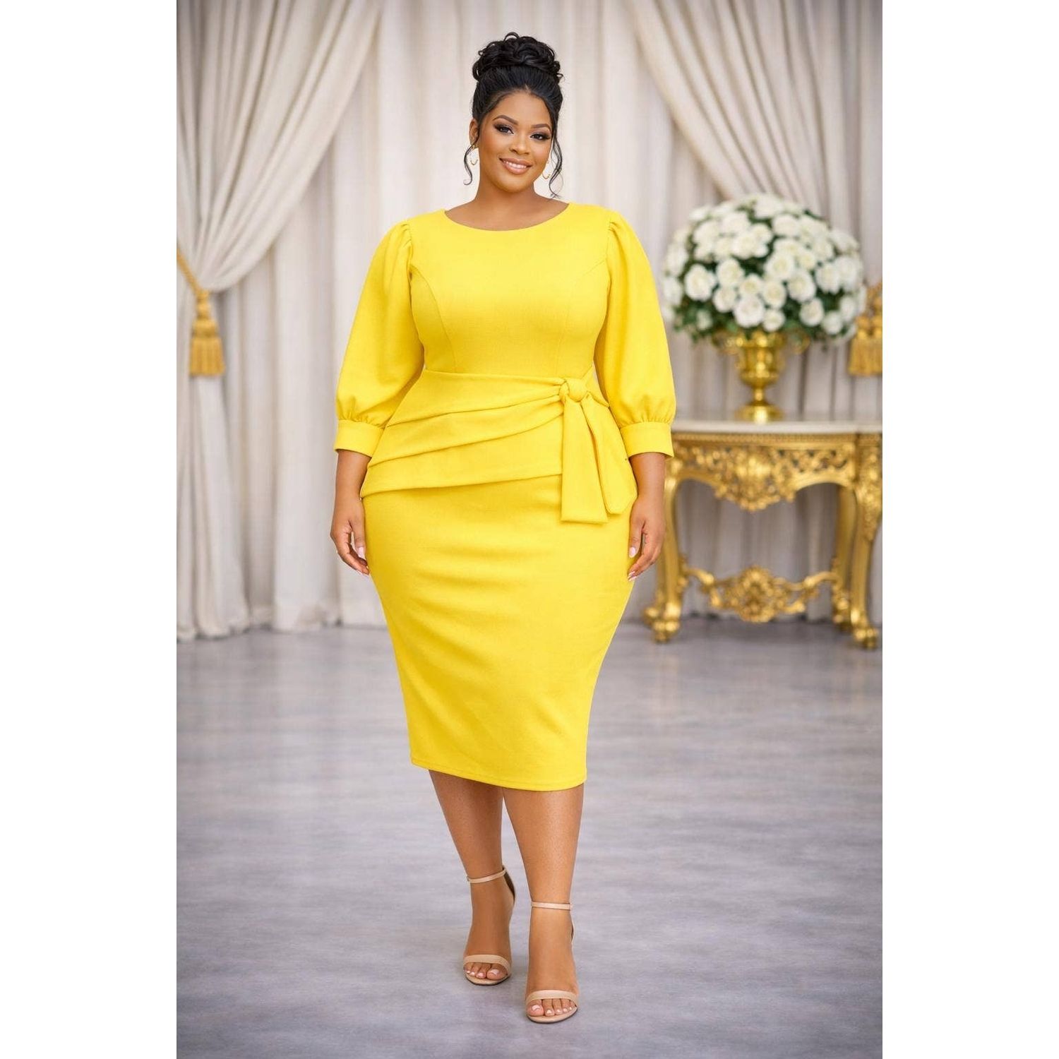 Pleated Midi Dress, Color: YELLOW, Size: 2X