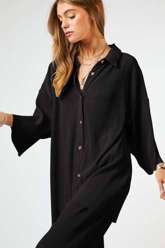 CRINKLED PLEATING FABRIC BUTTON UP LOOSE FIT SHIRT