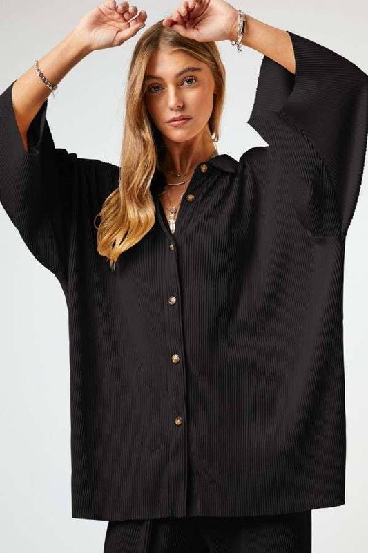 CRINKLED PLEATING FABRIC BUTTON UP LOOSE FIT SHIRT