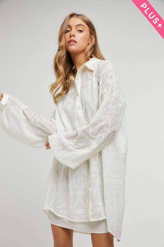 PLUS PUFF SLEEVES BUTTONS PLACKETLACE SHIRTS DRESS