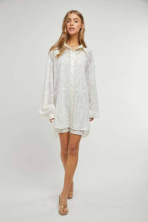 PUFF SLEEVES BUTTONS PLACKETLACE SHIRTS DRESS, Color: Off White, Size: 3XL