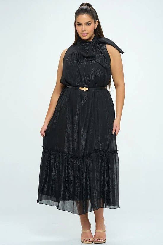 SLEEVELESS NECK TIE SHIMMER BELTED MAXI DRESS, Fit: Plus Size, Size: 3X