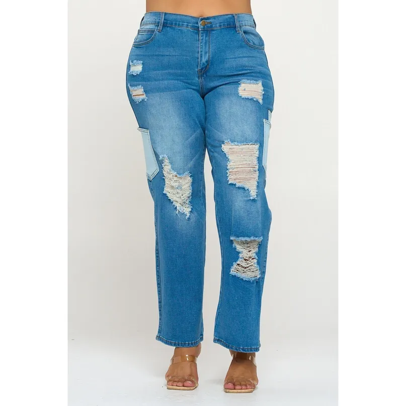 Distress Straight Leg Blue Jean w/ side pocket, Size: 14