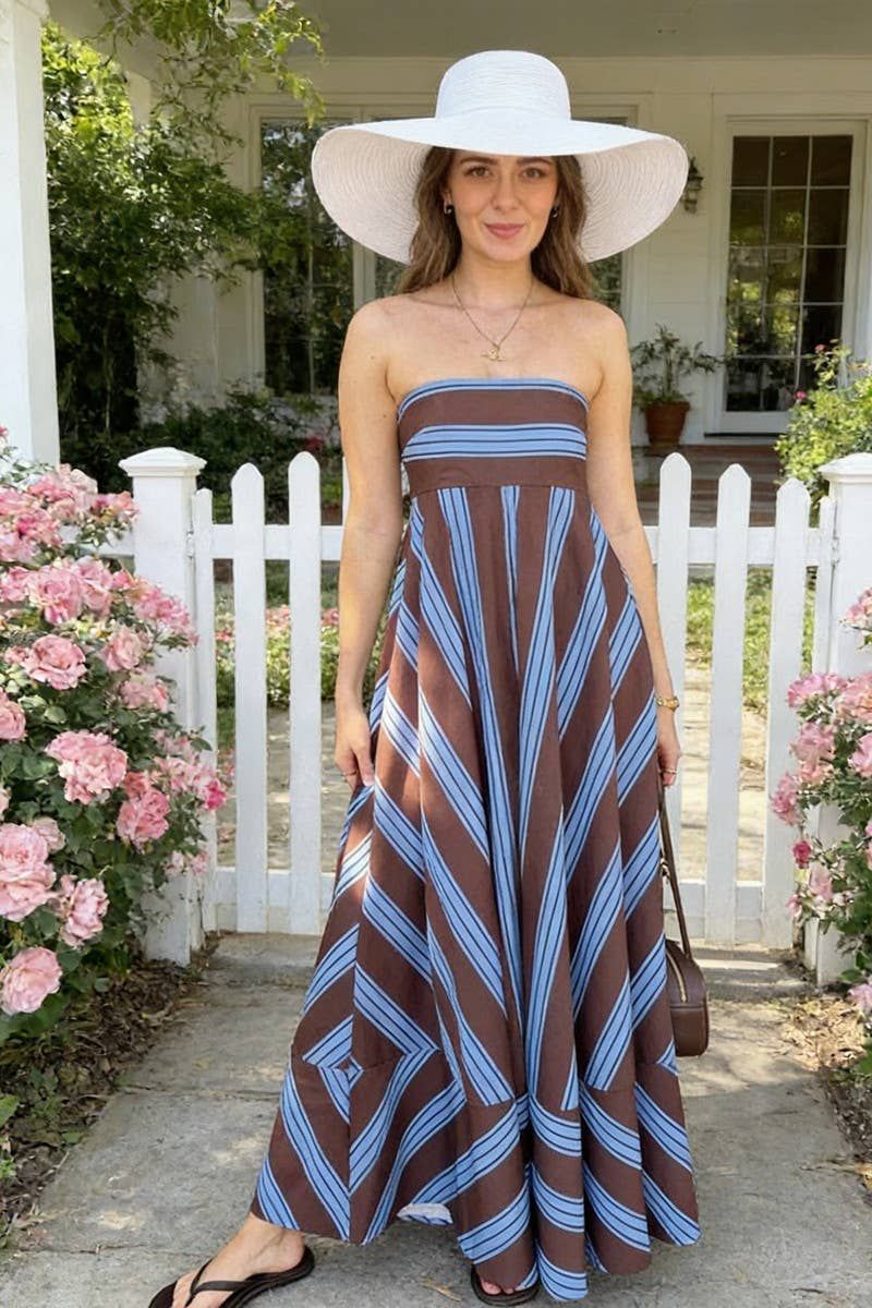 STRIPED PRINT HIGH WAIST FLOWY STRAPPY DRESS, Color: COFFEE, Size: (XL) 1