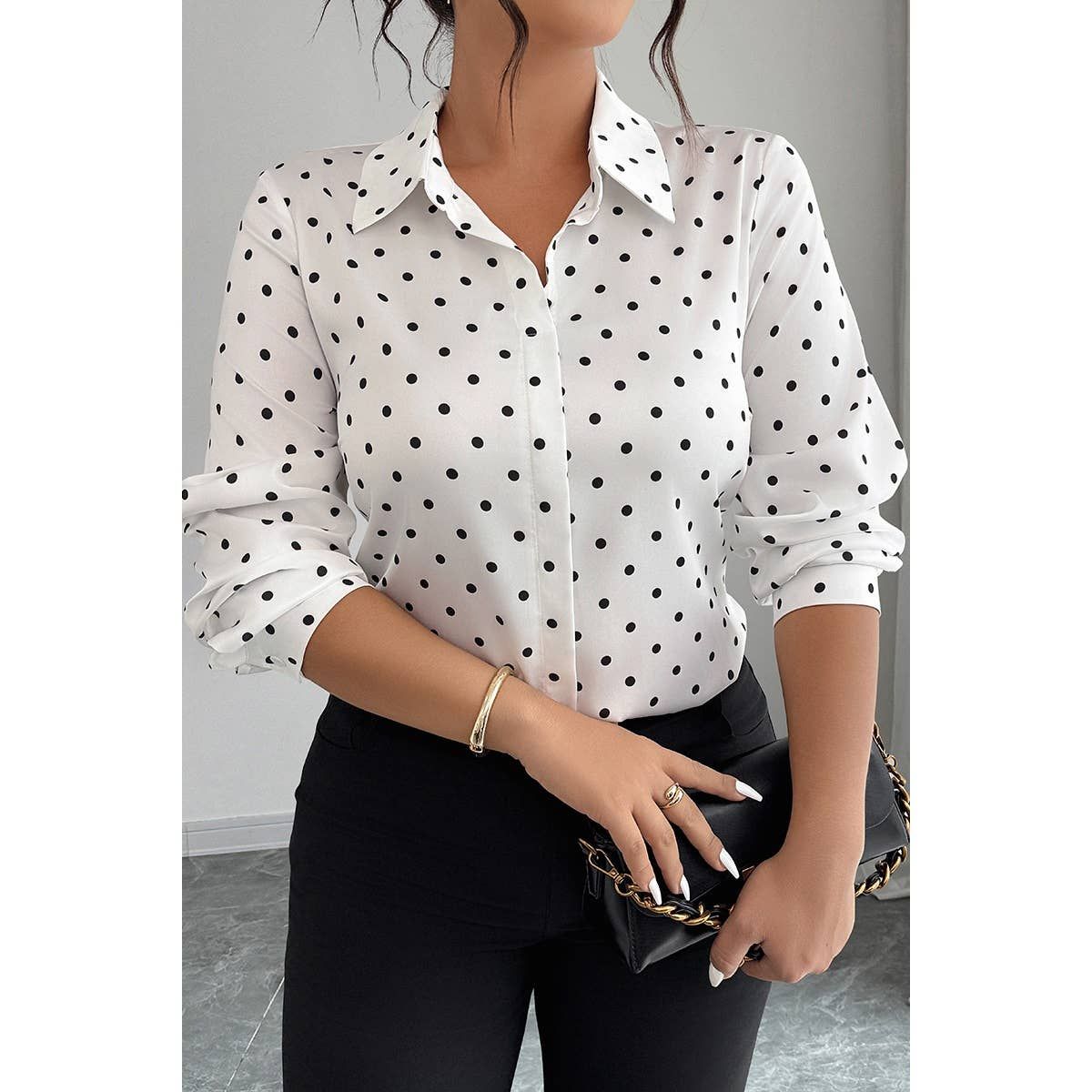 Polka Dot Button Up Long Sleeve Shirt, Color: BLACK DOT, Size: 1XL