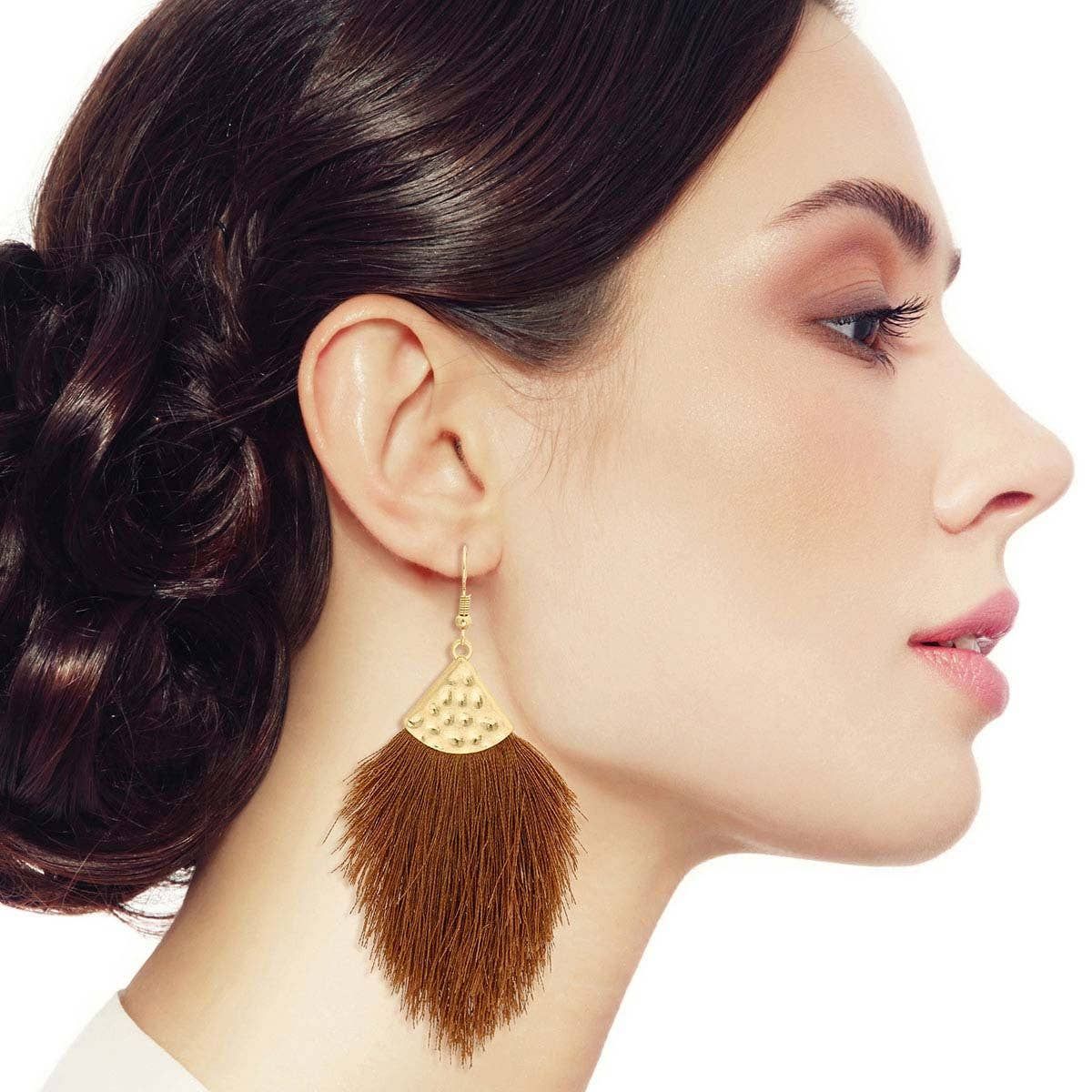 Silk Tassel Fish Hook Earrings, Color: Brown, Plating: Gold, Size: 3.5 inches