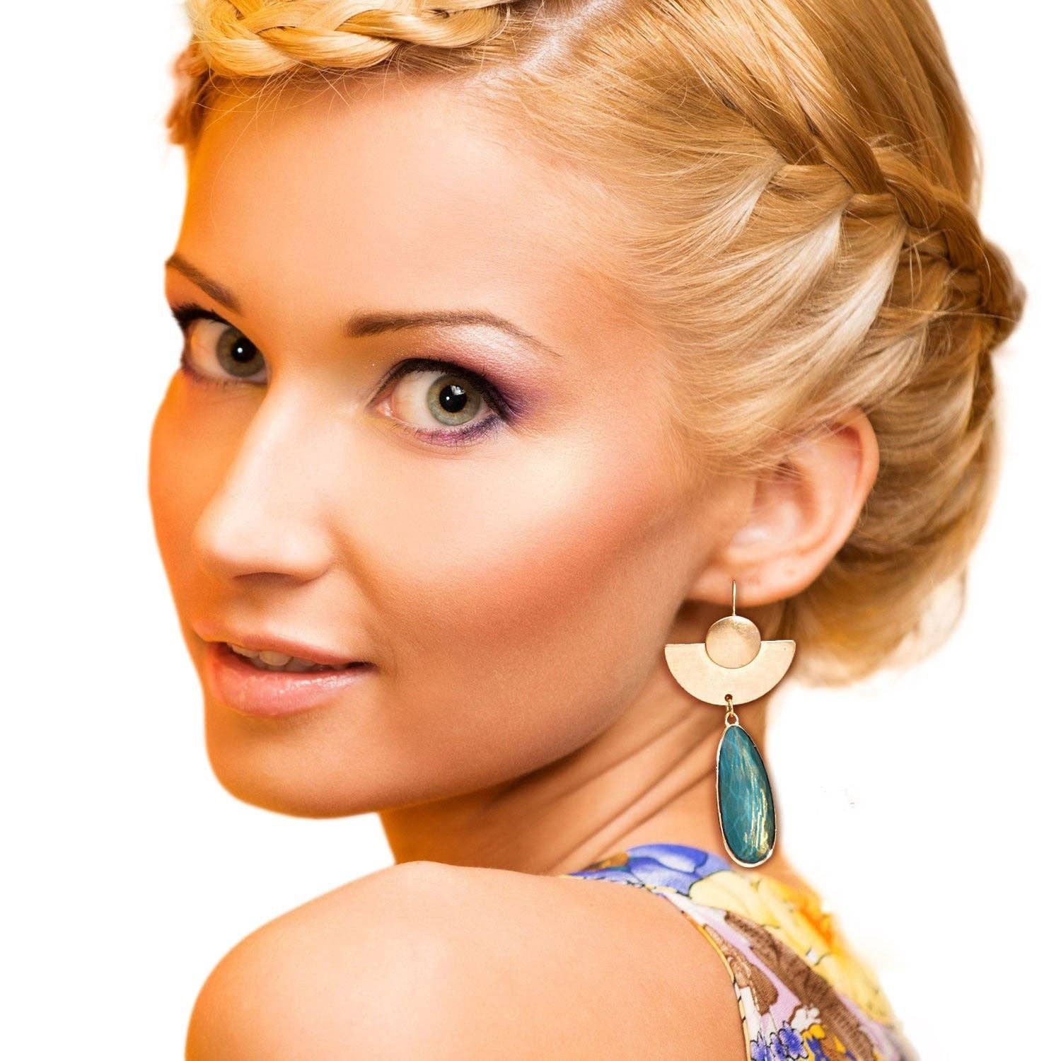 Green Teardrop Fish Hook Earrings, Green: Color, Plating: Gold, Size: 2.45 inches