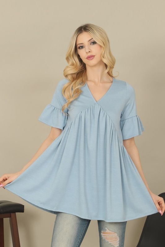 Blue V-Neck Ruffle Bell Top