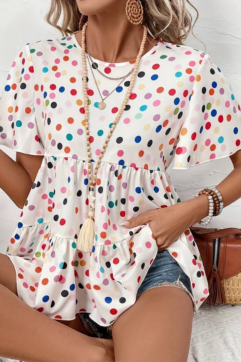 POLKA DOT BUTTON SHORT SLEEVE BLOUSE, Color: MULTI COLOR DOT, Size: (XL) 1