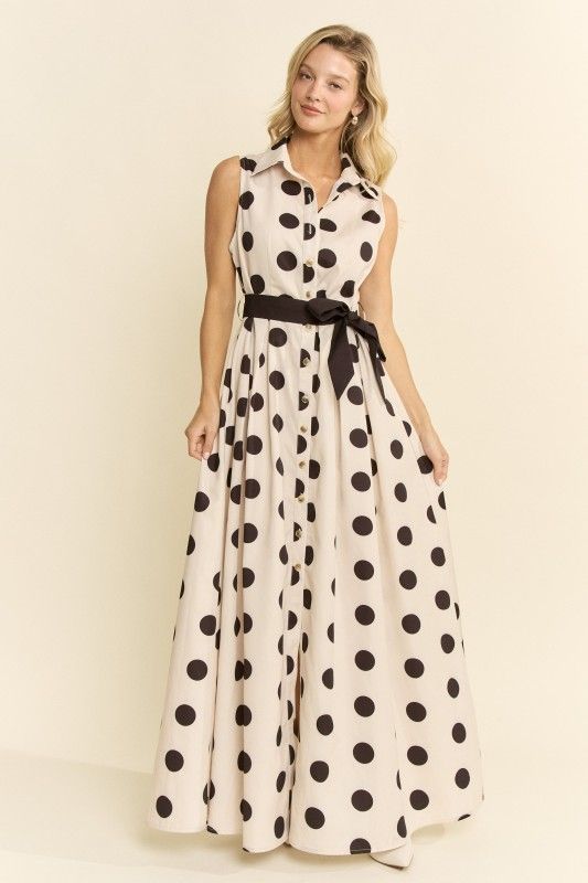 Sleeveless Polka Dot Button Down Flowy Dress, Size: 1X