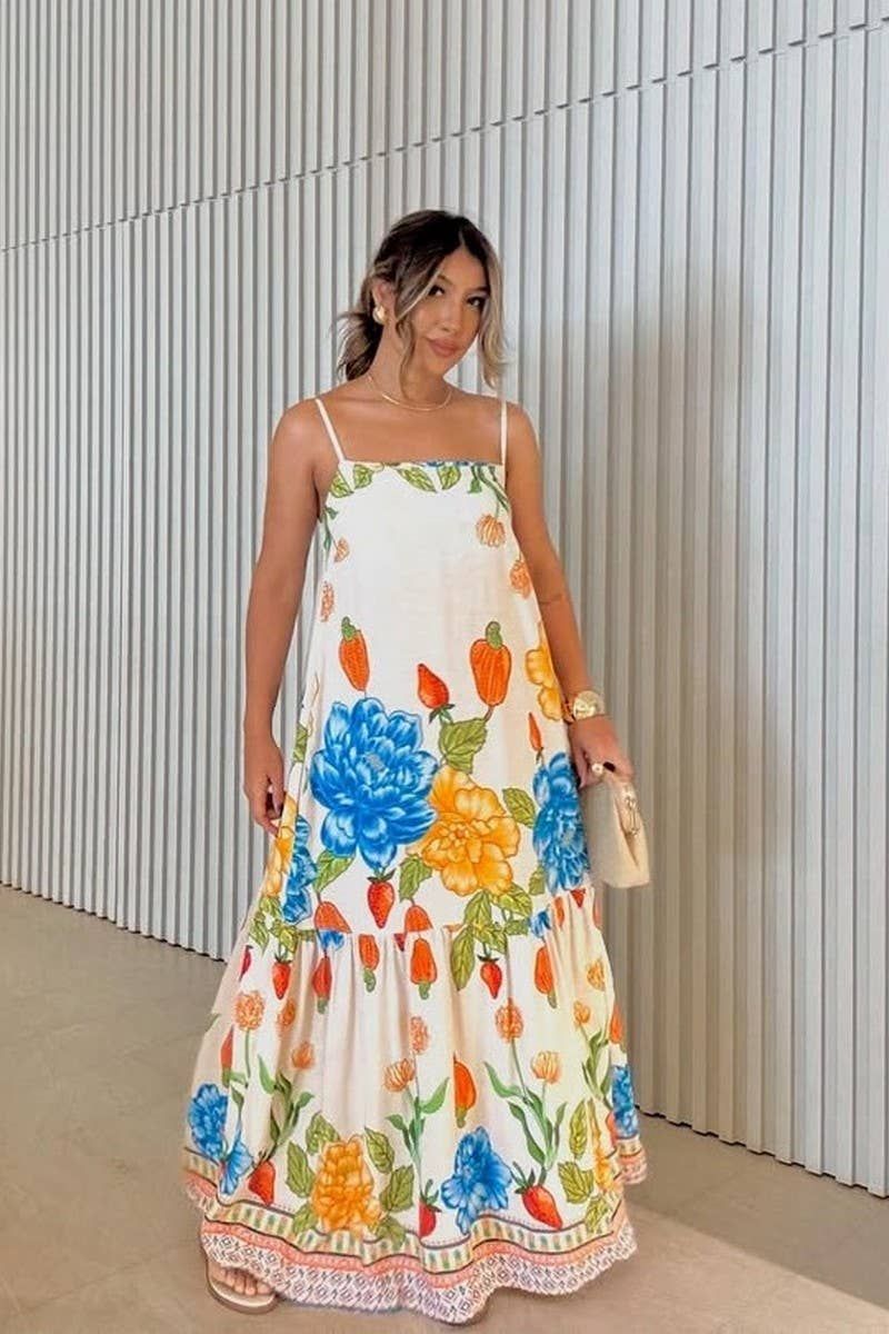 SEXY FLORAL SPAGHETTI STRAP MAXI DRESS, Color: BEIGE, Size: (L) 1
