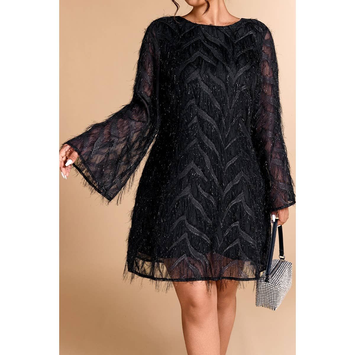 Sequin Fringe Lace Short Dress, Color: BLACK, Size: 4XL