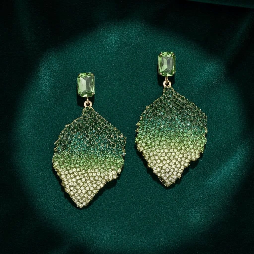 Drop Green Rhinestone Encrusted Leaf Earrings, Color: Color: Green, Plating: Plating: Gold, Size: Size: 3.15 x 1.75 inches