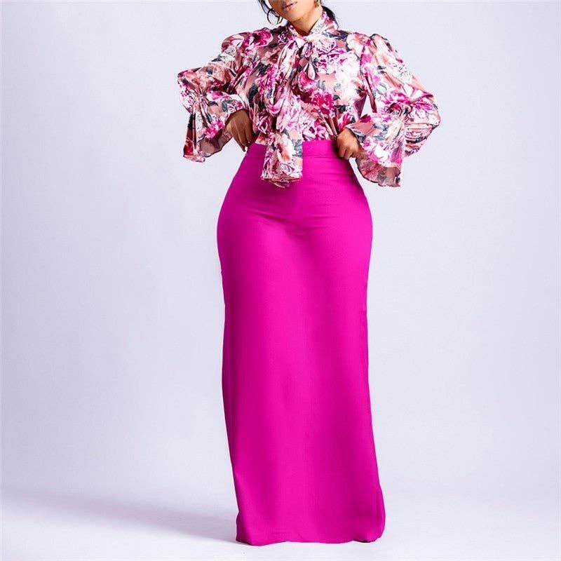 Fashion Printed Long Sleeve Shirt Half Body Skirt Set, Color: PINK, Size: 2XL
