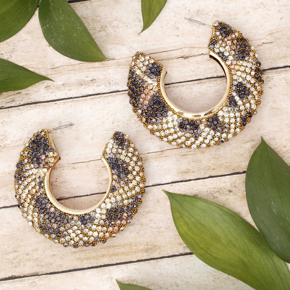 Hoop Leopard Pave Rhinestone Embellished Earrings, Color: Color: Leopard, Plating: Plating: Gold, Size: Size: 2 inches