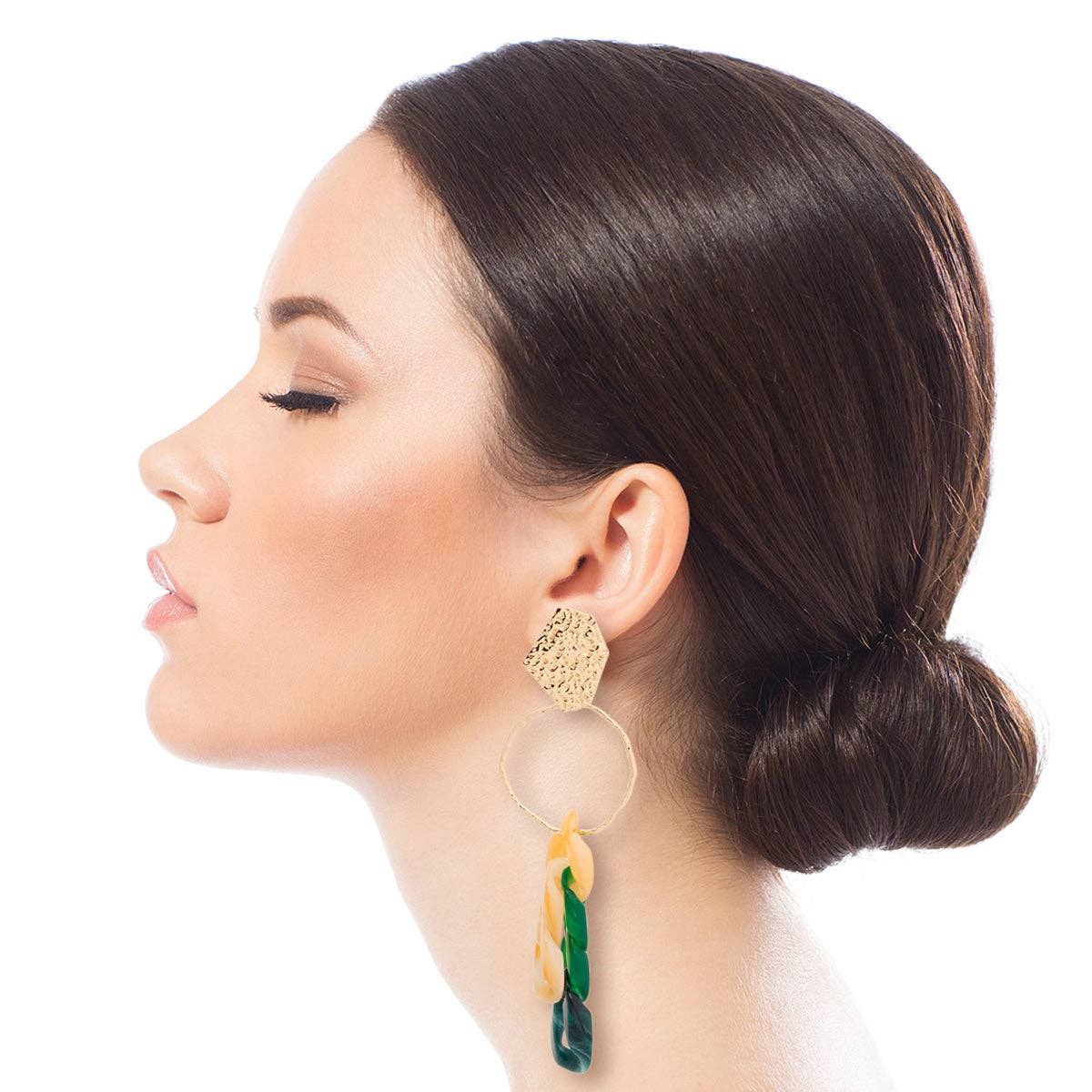 Green Link and Gold Drop Earrings, Color: Green, Plating: Gold, Size: 4.5 Inches
