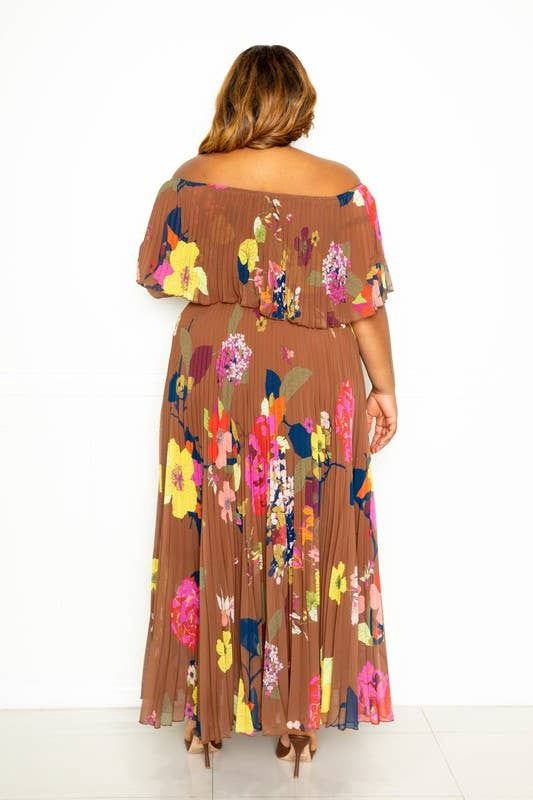 FLOWER OFF SHOULDER PLEATED MAXI DRESS: